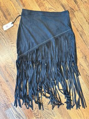 Idyllwind Black Suede Fringe Mini Skirt with Stud Trim